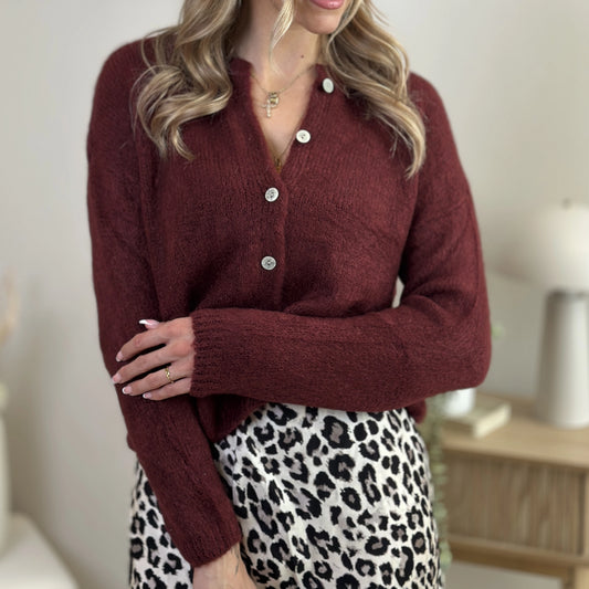 BORA-ADELIA Strickcardigan mit Knopfleiste beige & burgunder