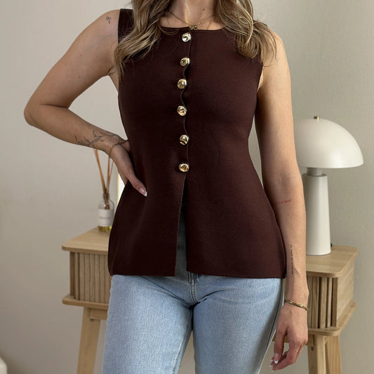 BORA-ELARA elegante Weste mit Goldknöpfen beige & braun