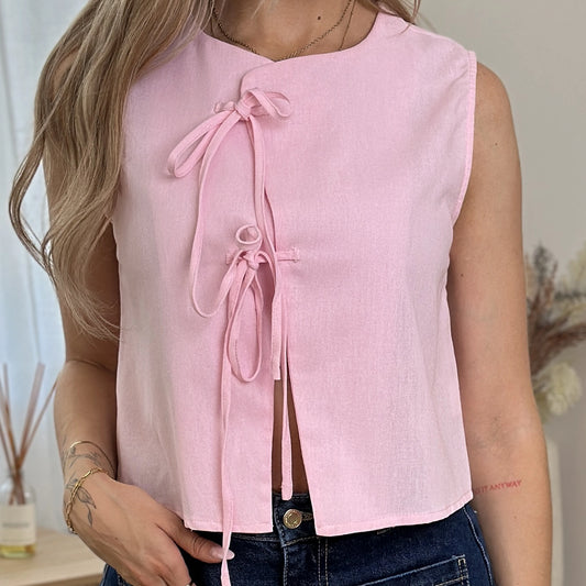 AVA-LANE Leinenbluse zum Binden in rosa & beige